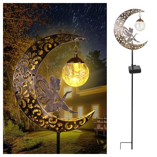 Solar Garden Lights Outdoor Decor,Moon Fairy Crackle Glass Lights,Waterproof Warm White LED Metal Stake Ornament,for Walkway Backyard Patio Lawn Pathway Decorations-Unique Gift Ideas for Gardening
