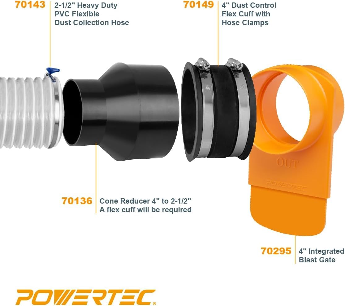 POWERTEC 70430 PVC-Staubsammelschlauch, flexibel, transparent, mit 10,2 cm bis 6,4 cm Schlauchkegel-Reduzierstück und 10,2 cm Armaturen-Set mit Anschlüssen, Strahltoren und Schlüssel-Schlauchschellen
