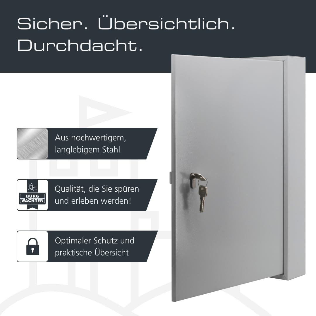 BURG-WÄCHTER Schlüsselschrank zur Wandmontage, Farbige Hakenleisten und Schlüsselanhänger, Herausnehmbares Schlüsselregister, inkl. Profilzylinder 30/10 und 3 Schlüssel, 100 Haken, 6850/100 PZ, Grau
