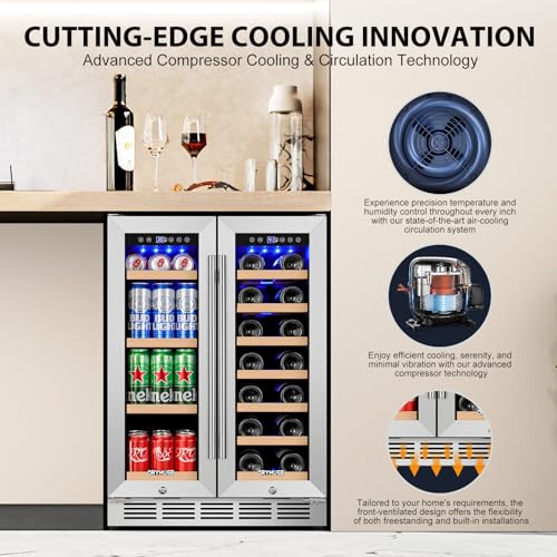 Image of ORYMUSE 24 Inch Dual Zone Wine and Beverage Refrigerator, Built-in or Freestanding Cooler with French Doors, Drink Fridge with Upgraded Compressor for Beer, Wine, and Soda