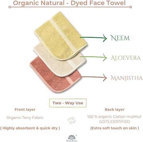 Miniatura 3 de Juego de 3 toallas orgánicas para la cara, teñidas con hierbas ayurvédicas puras Aloevera, Neem, Madder I, 100% puro, teñido natural, altamente