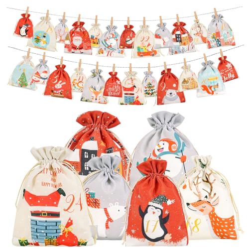 Adventskalender zum Befüllen, Weihnachtskalender Selber Befüllen Kinder, Adventskalender zum Selbstbefüllen stoff, 24 Weihnachtskalender zum Befüllen Säckchen, Adventskalender 2025 (Rot)