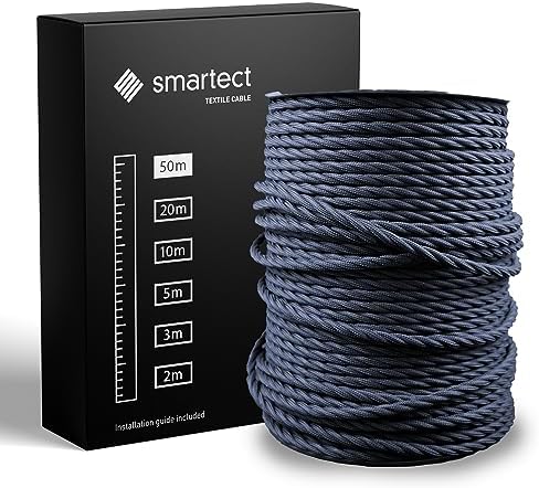 smartect Czarny Kabel Skręcony Tekstylny, 2 Metrów Kabel w Oplocie Elektryczny, 3 Żyłowy (3 x 0,75 mm²) Elektryczny Kabel w Oplocie Tekstylnym do Własnych Projektów DIY