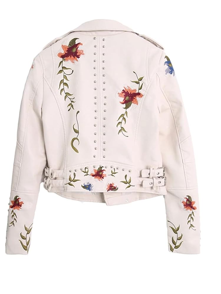 Women Floral Print Embroidery Faux Leather Jacket Coat Lapel