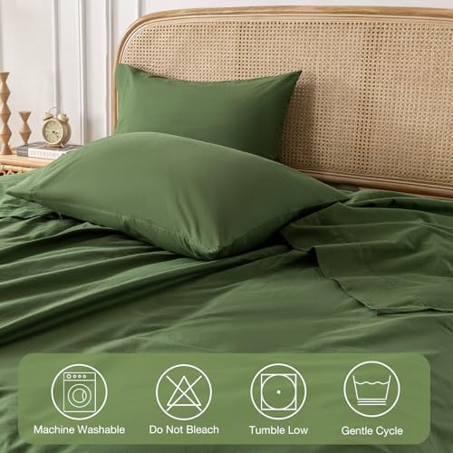 Yibeizi Green 100% Washed Cotton Linen Feel Sheet Set Full Size, 4 Pieces Deep Pocket Bed Sheets Soft Breathable Hotel Bedsheets - Thumbnail 3