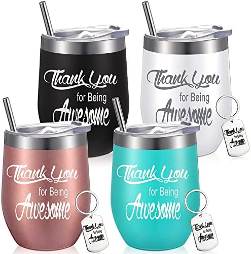 Appreciation Gifts Thank You for Being Awesome Wine Tumbler Thank You Gifts for Women Staff Employee Inspirational Appreciation Keychain, Stainless Steel Tumbler(Multicolor,4 Sets)12 oz