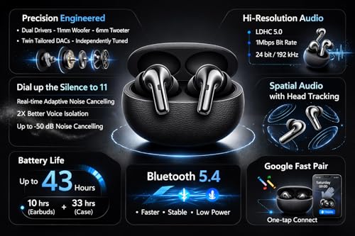 Image of Lynacz Original Buds Pro 3 Earphone Compatible with Oneplus,Vivo TWS Dual Drivers ANC Earbud Neckband AI Translator Dual DAC Dynaudio EQ Dual Device Connectivity (Black)
