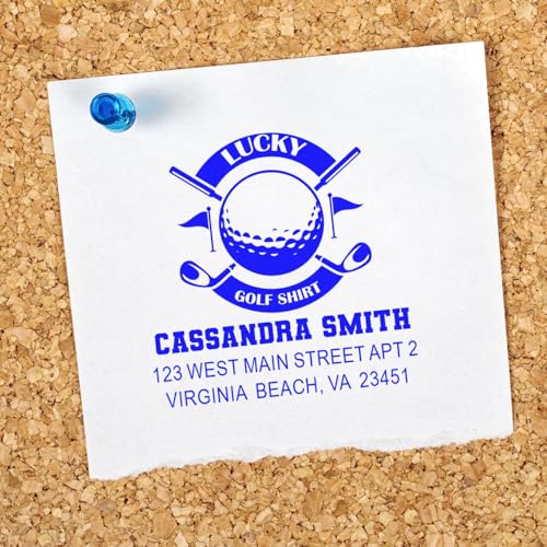 Image of Self Inking Rubber Stamp Lucky Golf Style - Address Stamp for Cards | Golf Stamp Custom. Self Inking Return Stamp. Choice of 11 ink colors. Up to 50 characters per line. Up to 10,000 impressions.