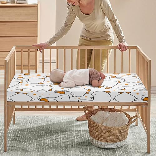 Image of Cartoon Goose Fitted Crib Sheet White Goose Baby Crib Sheet Fit Standard Crib and Toddler Mattress,Crib Mattress Sheets for Boys Girls 28 inchx52 inch