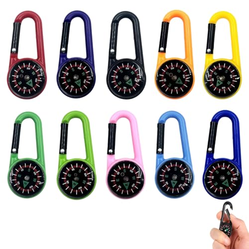 10 piezas de brújula con mosquetón, mini brújula llavero, 10 colores, multifuncional, portátil, para senderismo, camping, montañas, escalar para niños y adultos