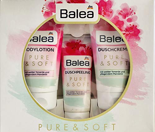 3 teiliges Pure & Soft Geschenk Set mit Duschcreme 150ml, Duschpeeling 100ml und Bodylotion 150ml - Wohlfühlpflege Pure & Soft von Balea - In ZweiohrkerZen neutraler Geschenkverpackung