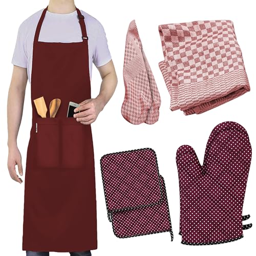 LEFUNDA® Delantal de Cocina Impermeable Con 3 Bolsillos, Ajustable Con Cintas Largas, Para Hombre y Mujer, Barbacoa, Restaurante, Café, Rojo (1 Delantal + 2)