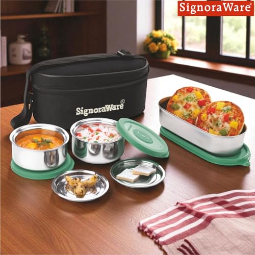 Image of Signoraware Double Decker Stainless Steel Lunch Box | Airtight & Leakproof | Ideal for Office & School Meals | Great for Travelling & Outdoors (260ml + 260ml + 650ml | Egreen)