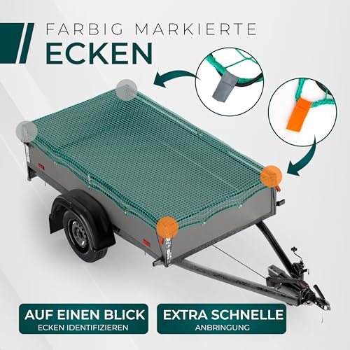 CargoVA® Intelligentes Anhängernetz 2,3x2,3M [DEKRA Geprüft] - Pritschennetz mit Gummiseil und Eckenmarkierung - zur perfekten Ladungssicherung