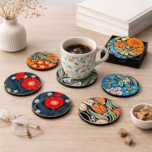 Image of Zesta Coasters for Cups Set of 6 / Wooden Coasters for Bar Accessories for Home /Tea Coaster Set of 6 / Waterproof Dining Table Decor Glass Cover (Black Floral, Circle)