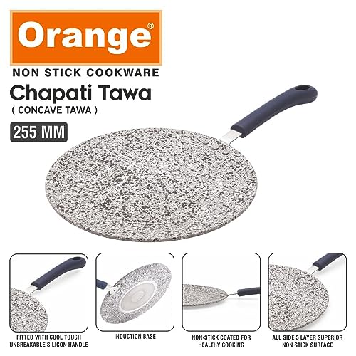Image of Orange 4.00mm Non-Stick Rockstar Series Roti Tawa /Concave Tawa 255mm | 5 Layer Coating| Spatter Finish | Induction & Gas Friendly| Free Nylon Turner