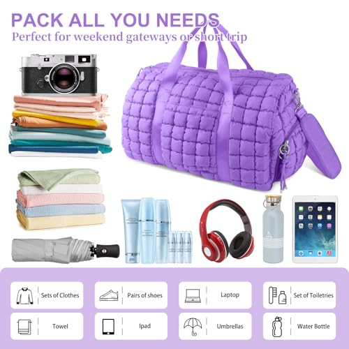 Image of Quilted Travel Duffle Bag Gym Bag for Women,Large Puffer Duffle Weekender Bag with Compartment,Workout Overnight Carry on Organizer Bag Duffle Bag for Airplane Travel(L-Purple)