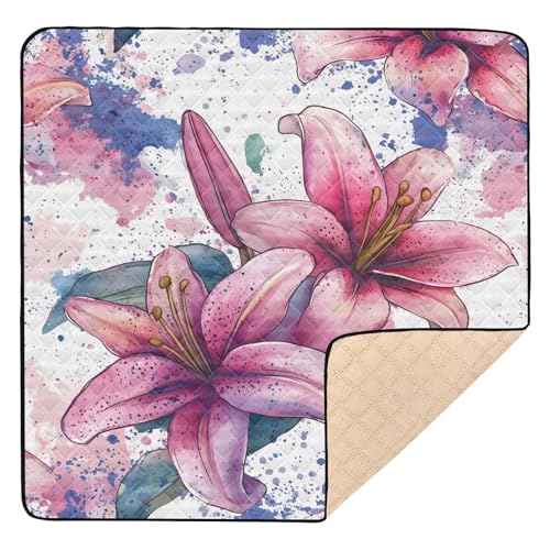 BOESI Watercolor Lily Pattern Baby Play Mat, 50“ X 50” Washable Folding Crawling Mat, Baby Floor Mat, Soft, Thick, Non-Slip