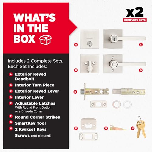 Image of Kwikset Halifax Square Front Door Lock Handle and Deadbolt Set, Entry Exterior with Interior Reversible Lever, Satin Nickel, Project Pack, Pick Resistant SmartKey Rekey Deadbolt Security