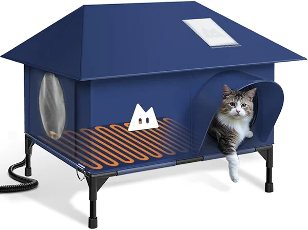 Heated Cat House for Outside Cats Winter, Large Hip Roof 100% Waterproof Outdoor Cat House, Elevated Base, Weatherproof Insulated Shelter for Stray Feral Barn Cat (Dark Blue, 18" Lx14 Wx14 H)