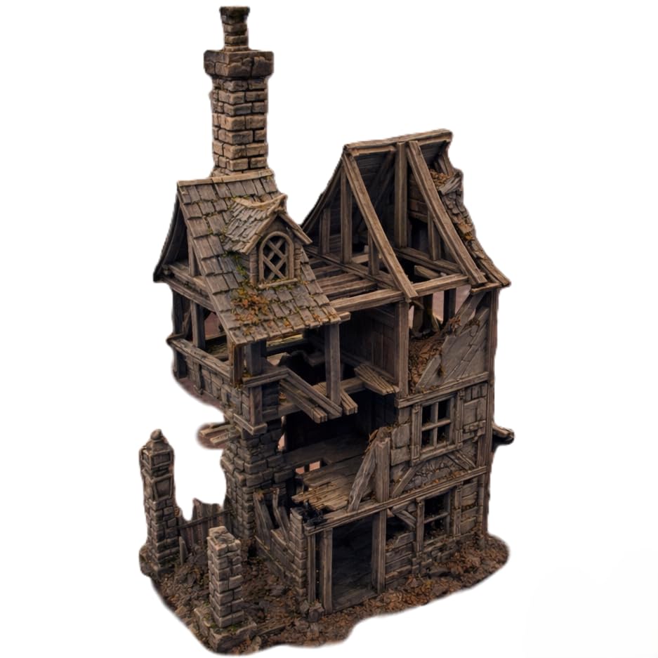 QP3D - Tall Medieval Ruined Tower House 28–32mm Terrain – Frostguard Town Multi Level Building (4 Parts), Fantasy Battles & Tabletop Wargaming