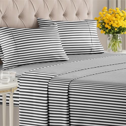Image of Full 4 Piece Striped Sheet Set - Breathable & Cooling - Black Pinstripe