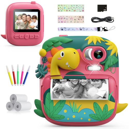 Kinderkamera Sofortbildkamera, CAMCLID 2,4 Zoll Digitalkamera Kinder Dinosaurier Sofortbildkamera mit 32G Karte und 3 Rollen Druckpapier, Geschenke für Jungen und Mädchen 3-12 Jahre