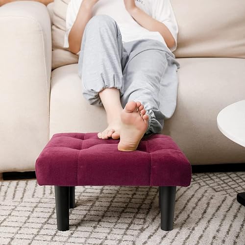 Image of Small Velvet Soft Foot Rest Footstool Ottoman with 4 Wooden Legs, Additional Seating Sofa Footrest for Living Room Entryway Set of 2 Pink