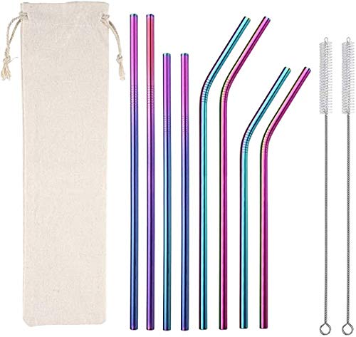 Reusable Stainless Steel Metal Straws for Drinking – 11 Pack straight/bent /10.5” for 30oz & 8.5” for 20oz tumblers - With cleaning brush and storage pouch – Eco friendly, food grade BPA & lead free