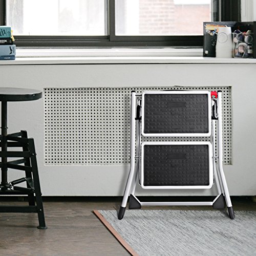 Delxo 2 Step Stool Stepladders Lightweight White Folding Step Ladder with Handgrip Anti-Slip Sturdy and Wide Pedal Steel Ladder Mini-Stool 250lbs 2-Feet