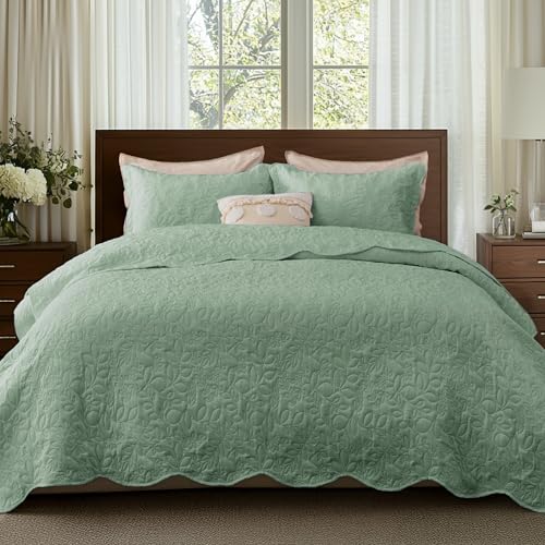 Image of Bedsure Quilts Queen Size - Ultra Soft Pre-Washed Cloud-Like Bedding, All-Season Lightweight Comforter for Country Bedroom, Leaf Design Coverlet in Sage Green, 90 x 96 Inches