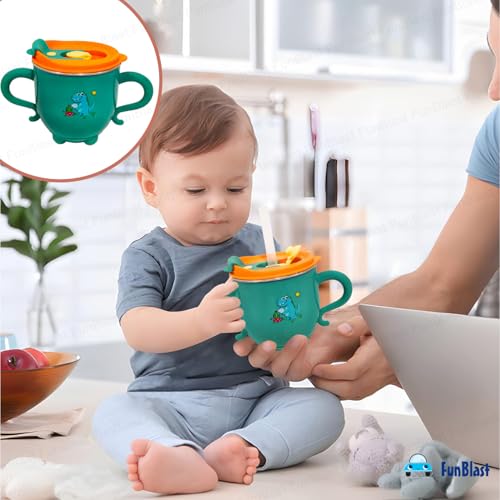 Image of FunBlast Milk Mug for Kids - Dinosaur Print S316 Stainless Steel Mug for Kids, Insulated Milk Cup with Lid & Straw, Water, Juice Drinking Mug, Glass, Cup for Kids - 200 ML (Green)