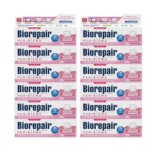 Biorepair, Dentifricio Protezione Gengive Peribioma, 12 Confezioni da 75 ml, Combatte e Previene Problemi Gengivali, con Probiotici, Acido Ialuronico Idratante, Senza Fluoro