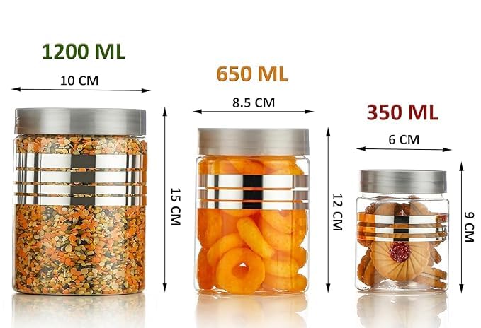 Image of SPECIFY Plastic Pet Storage Jar and Container Set of 12 (4 x 350ml, 4 x 650ml, 4 x 1200ml) With Spoons, Air Tight Kitchen Organiser, Improved Model Silver Line Printed