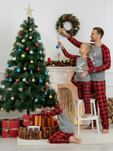 Image of IFFEI Matching Family Pajamas Sets Christmas PJ's with Letter and Plaid Printed Long Sleeve Tee and Bottom Loungewear