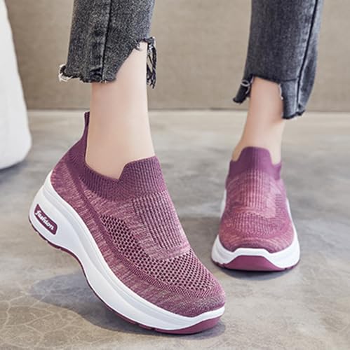 Baskets compensées pour femme en tricot respirant : chaussures de marche légères et décontractées