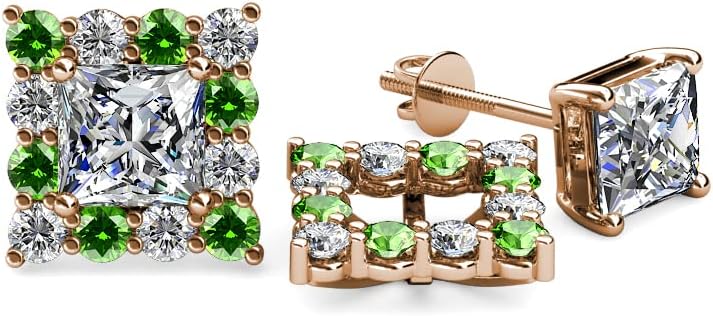 Green Garnet & Natural Diamond (SI2-I1,G-H) Halo Jacket for Princess Stud Earrings 0.80 ctw 14K Gold