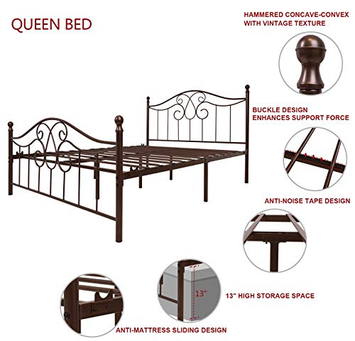 Yerperfo Vintage Sturdy Metal Bed Frame Queen Size With Vintage Headboard And Footboard Platform Base Bed Frame No Box Spring Needed Steel Bed，Antique Brown，Queen. #TOP4