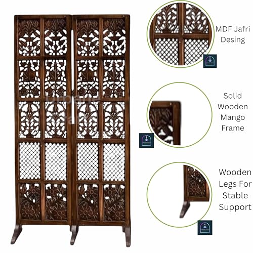 Image of Wooden Room Partition /Screen /Room Divider /Room Separator Burnt Wood Finish (Hand Buffing) Frame Traditional Handicrafts 6Ft Height (2 Panel with Stands)