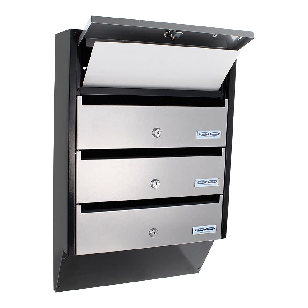 Profirst Cetiri - Cassetta postale in argento nero, lamiera di acciaio, serratura a cilindro, 2 chiavi, HxLxP 600 x 385 x 140 mm, per 4 parti, fissaggio