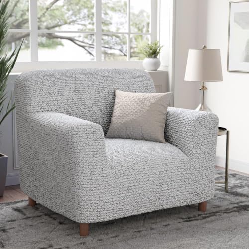 Image of Bellissima Sofa Covers - Premium Luxury Microfibra Plain Stretchable Sofa Cover Single Seater Fully Covered Slipcover, Imported from Italy (Pearl)