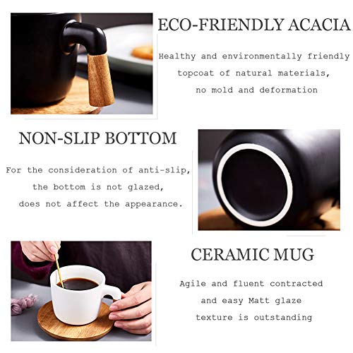 Coffee Mug Tea Cup Ceramic with Wood Saucers 10.5 Oz Matte Latte Mug Cups Birthday Gift Ideas Novelty Gift for Men Women Festival Engagement Perfect for home or the office (White) - Thumbnail 3