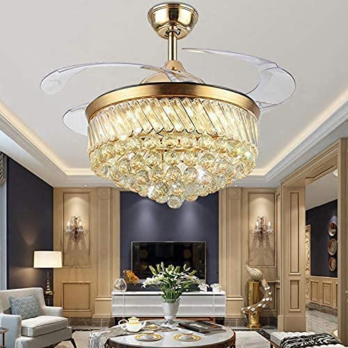 FANSAN 36" Crystal Ceiling Fan with Light and Remote, 3 Speeds 3 Color Dimmable, Retractable Blade, Silent Motor, Modern Crystal Chandelier Fan for Livingroom Bedroom Dining Room