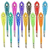 Lopenle 12 PCS Peacock Feather Pens 12 Colors Multicolor Gel Pens Diamond Tip Pens For School Office Birthday Christmas Party