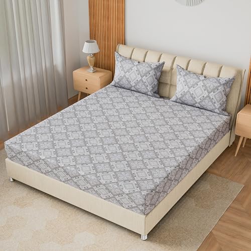 Image of LINENWALAS 100% Cotton 200 TC Double Fitted Sheet with 2 Pillow Covers | 360 Elastic Bedsheet with 4-8 inch Deep Pocket - Soft Breathable Bedding (72x72 inch, Royal Mosaic)