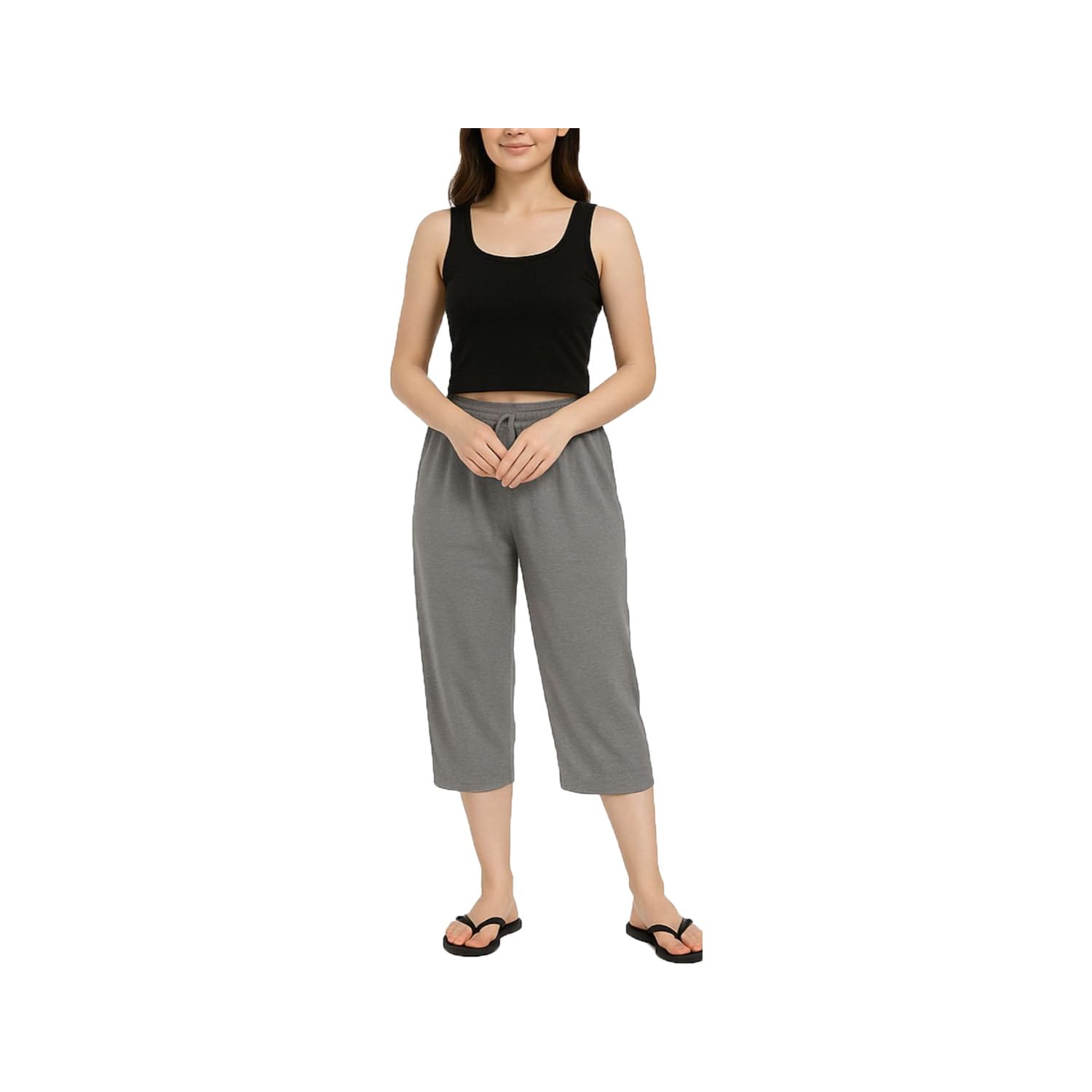 brand flex Women's Elastic Waist Regular Loosefit Cotton Solid Capri Lounge Pants-picture-12
