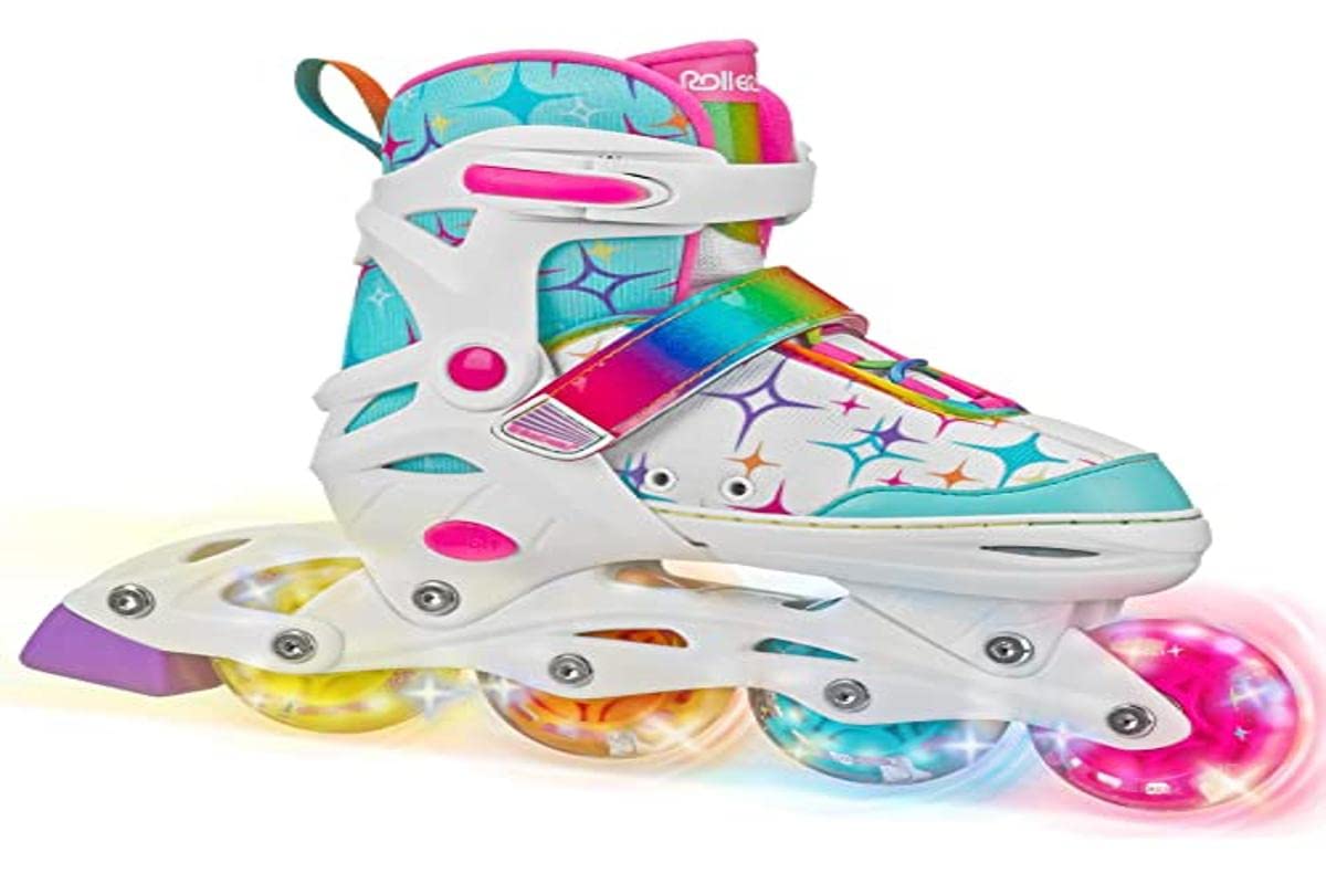 Roller Derby Stryde Youth Adjustable Inline Lighted Wheel Skates Small White/Teal (11-1)