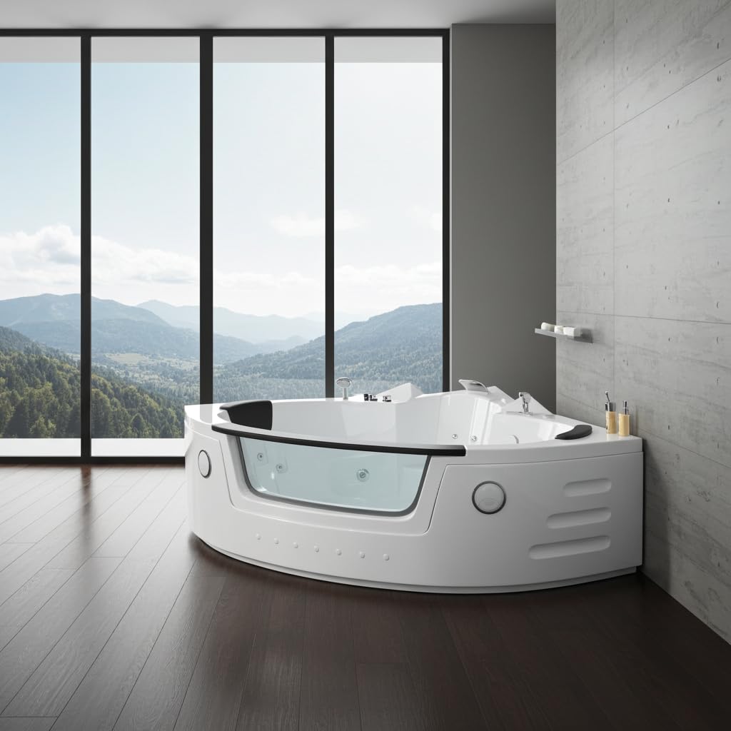 Jet-Line®| Whirlpool Indoor 2-Personen mit Hydromassage | Wanne | Badewanne | Spa Eck Badewanne | Whirlwanne 1.53 m x 1.53 m Weiss Luft und Wassersystem | Heizung | Ozon | LED Carlotta