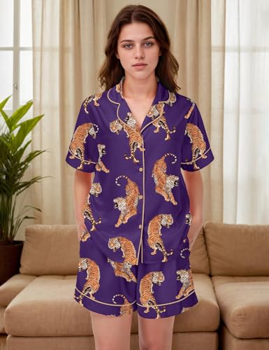 Image of SHESHOW Satin Pajamas for Women Set Preppy Animals Pjs Short Sleeve Shorts 2 Piece Loungewear Sets XS-XXL