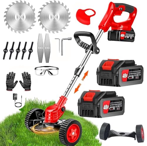 Image of Electric Wireless Rechargeable Edge Cutter 48V - 25cm Cutting Width | 2-in-1 Mower & Trimmer | Adjustable Height | 3 Blade Types | Lightweight & Portable | Lawns & Gardens (1Red-Old)